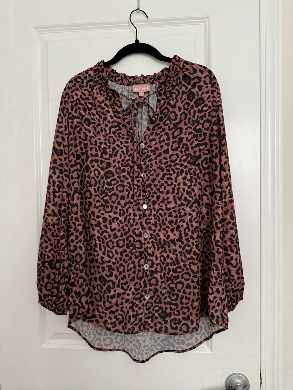 Show Me Your MuMu Leopard Print Tie-Neck Button Down Shirt